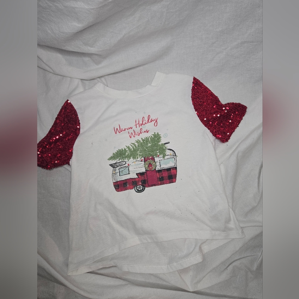 Girls Happy Holidays Shirt Red White Sequin Sleeve Christmas Winter Festive XS 8